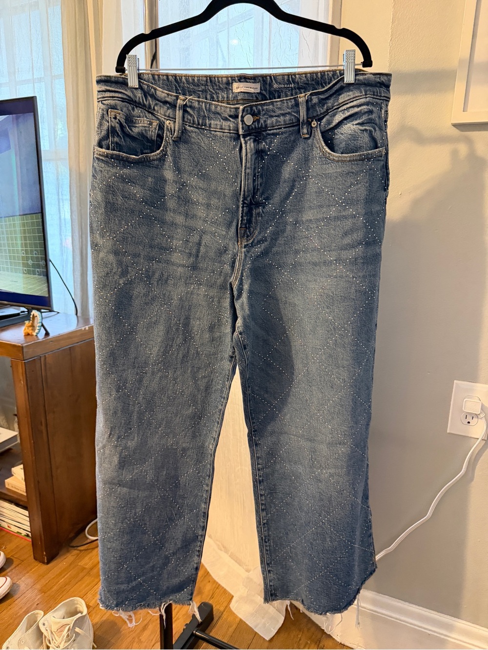 Good American Medium Blue Wide-Leg Jeans with Sparkle